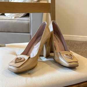 Nude Patent Leather Block Heel Pumps